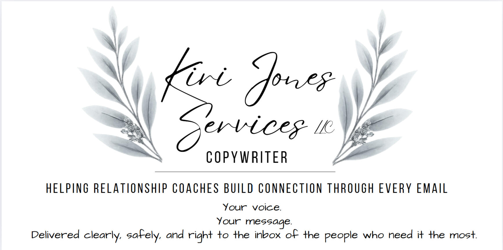 Kiri Jones – Email Copywriting for Relationship & Leadership Coaches Logo for Kiri Jones, email copywriter for relationship and leadership coaches — includes botanical artwork and tagline: Helping coaches build trust and connection through every email.